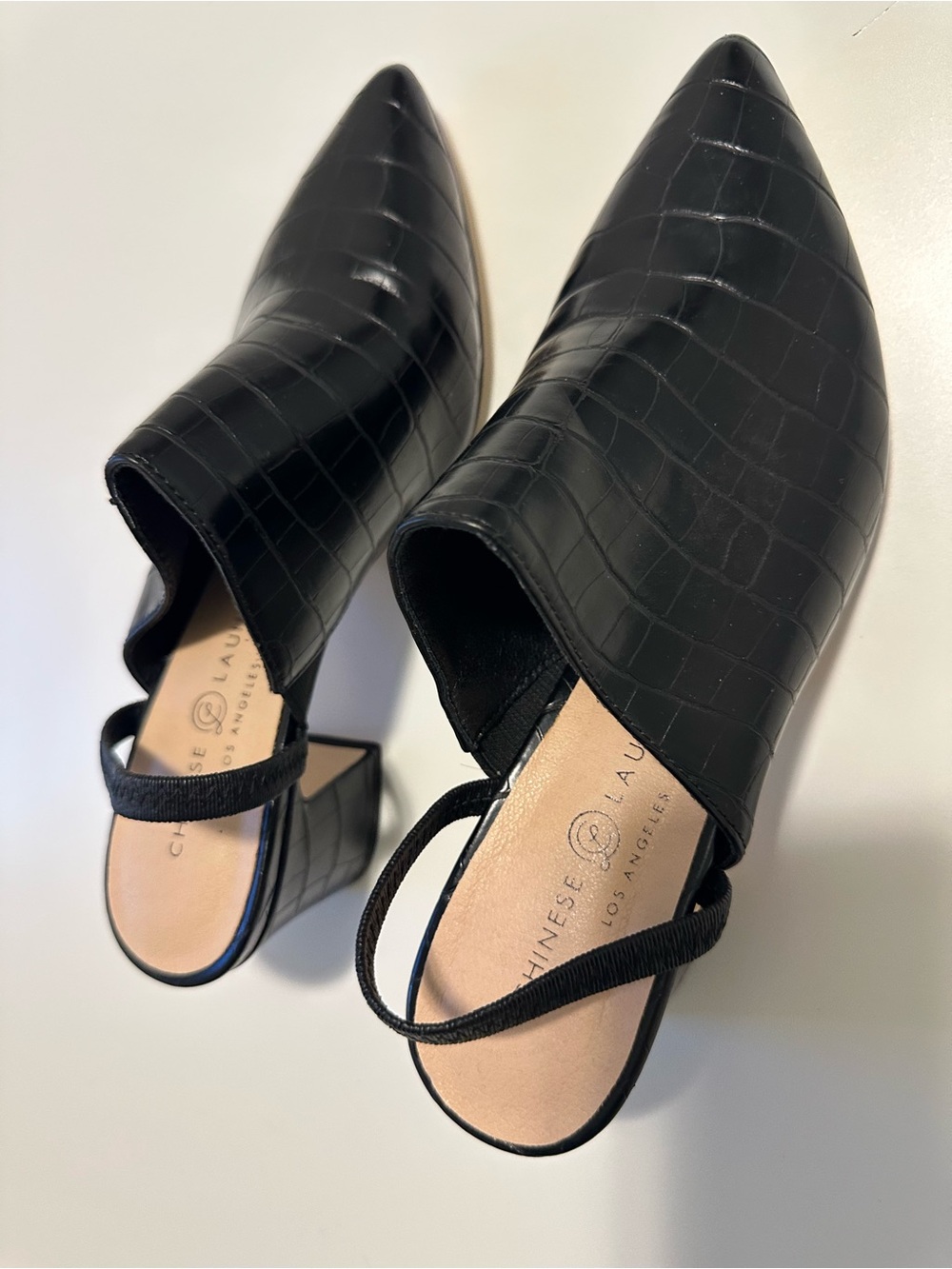 Chinese Laundry Black Croc Embossed Slingback Block Heel Mules | Pointed Toe - Picture 3 of 16